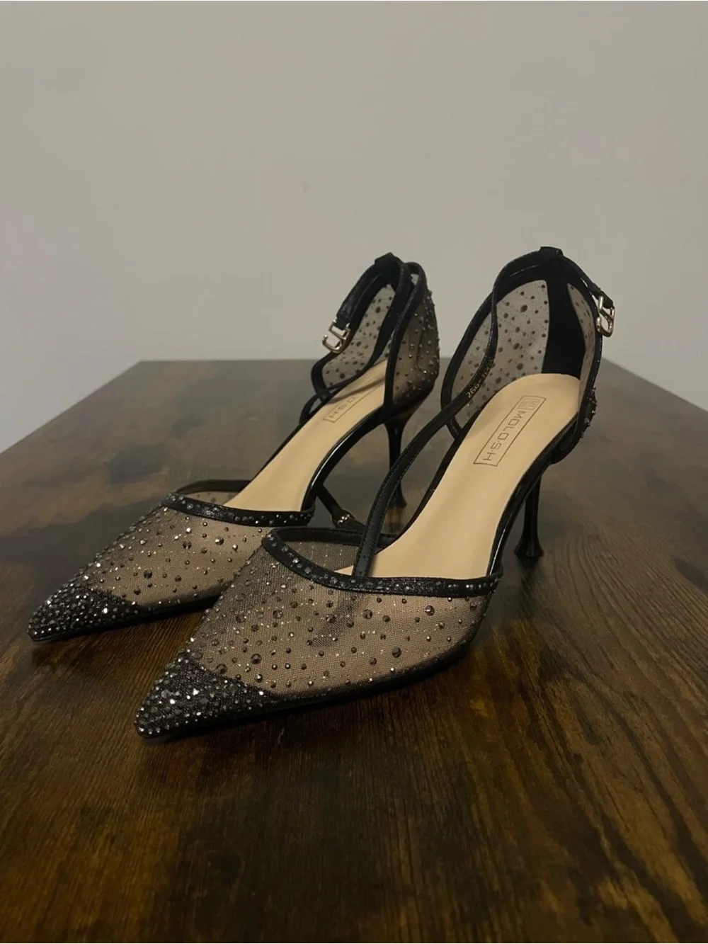 Black Rhinestone Mesh Pointed-Toe Heels